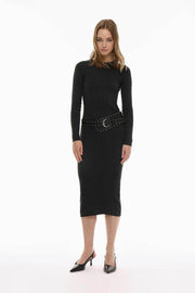 Front view of a women's black knit midi dress